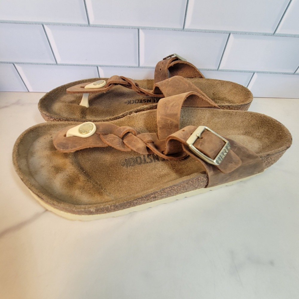 Birkenstock Gizeh Braided Thong Sandals Tobacco Brown Oiled Leather Womens 39 8